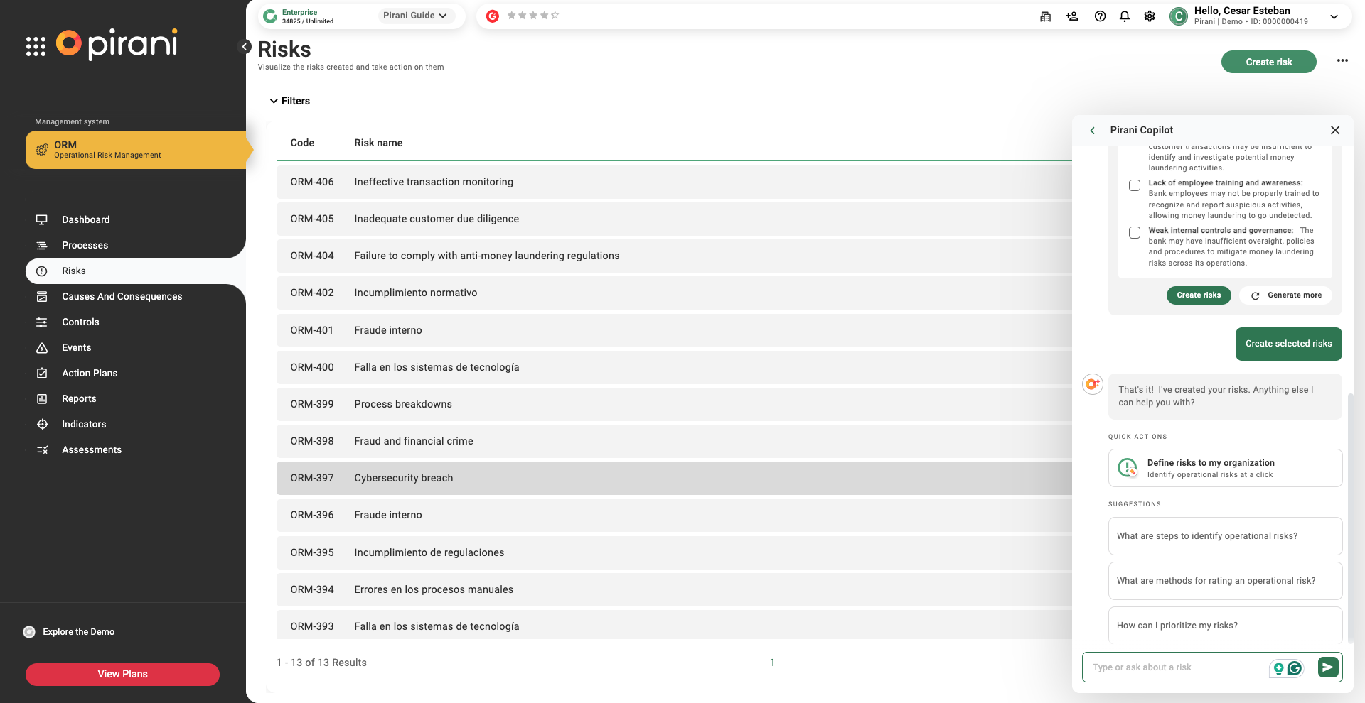 Pisani Risk Module Pirani Copilot: The AI that empowers risk management