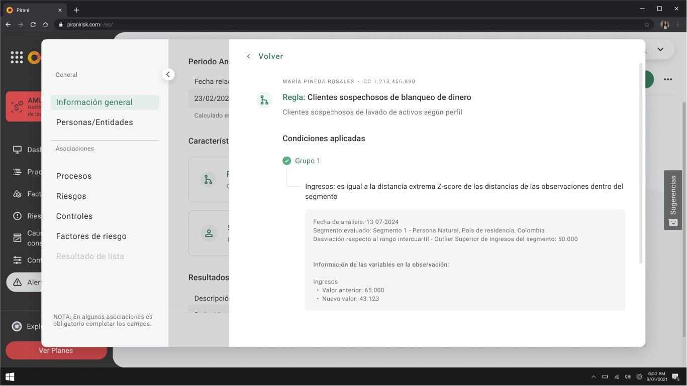 Pantalla detalle alerta intrasegmento